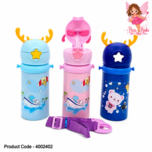 Cute Kids Stainless Steel Water Bottle with Straw & Carry Strap – Leakproof Insulated School Water Bottle for Boys & Girls