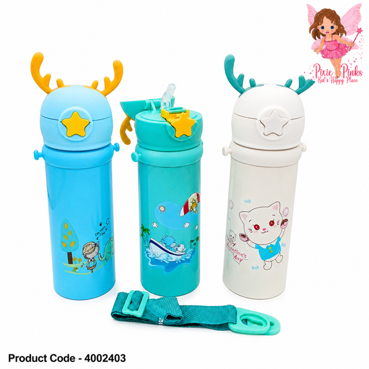 Super Cute Kids Stainless Steel Water Bottle with Straw & Carry Strap – Tall Leakproof School Water Bottle for Boys & Girls