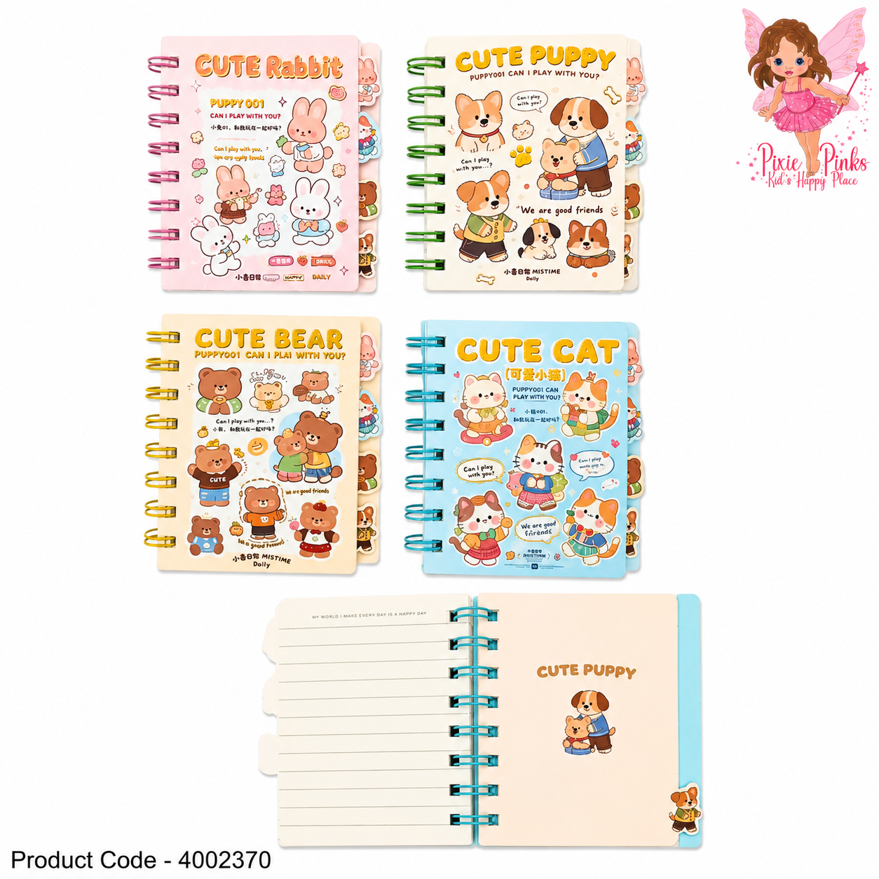 Cute Animal Spiral Notebook – Cartoon Rabbit, Puppy, Bear & Cat Mini Notebook for Kids, School Notes, Journaling & Doodles