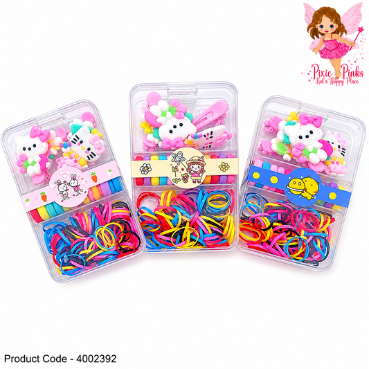 Cute Kitty Hair Accessories Set for Girls – Hair Clips & Colorful Elastic Hair Bands Storage Box | Kids Hair Styling Gift Set