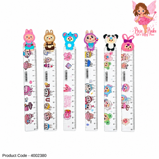 15cm Cute Labubu Ruler for Kids – Transparent Measuring Ruler with 3D Cartoon Topper | School Stationery & Study Supplies