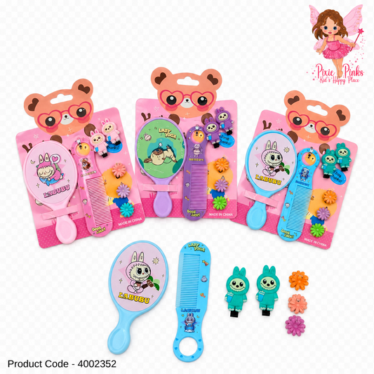 Labubu Kids Mirror & Comb Hair Accessories Set – Cute Hair Clips, Mini Mirror and Comb Gift Set for Girls