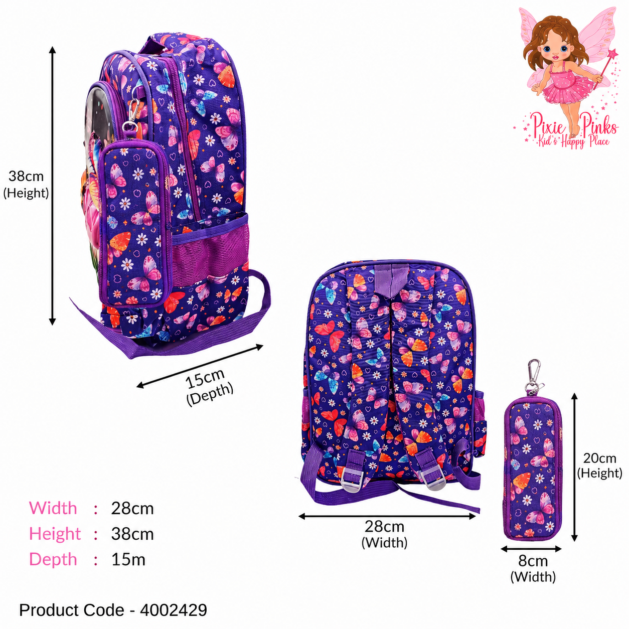 Cute Girls School Backpack with Matching Pencil Case – High Quality Grade 1 Backpack with 2 Compartments & Side Pockets