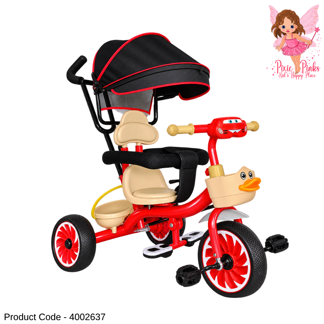 1Pc Kids Little Ducky Tricycle with Canopy, Music & Lights – 3-Wheel Toddler Pedal Tricycle – Red, Grey & Green