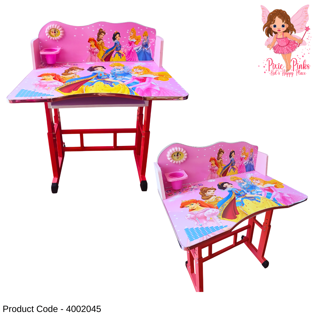 Adjustable Kids Girls Princess Study Table and Chair Set | Height-Adjustable Desk with Book Rack, Pencil Holder & Clock (Ages 11 & Under)