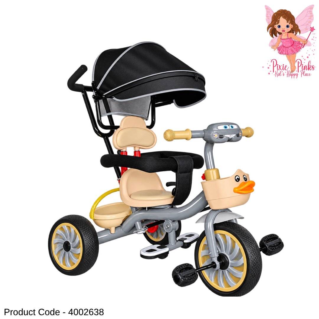 1Pc Kids Little Ducky Tricycle with Canopy, Music & Lights – 3-Wheel Toddler Pedal Tricycle – Red, Grey & Green