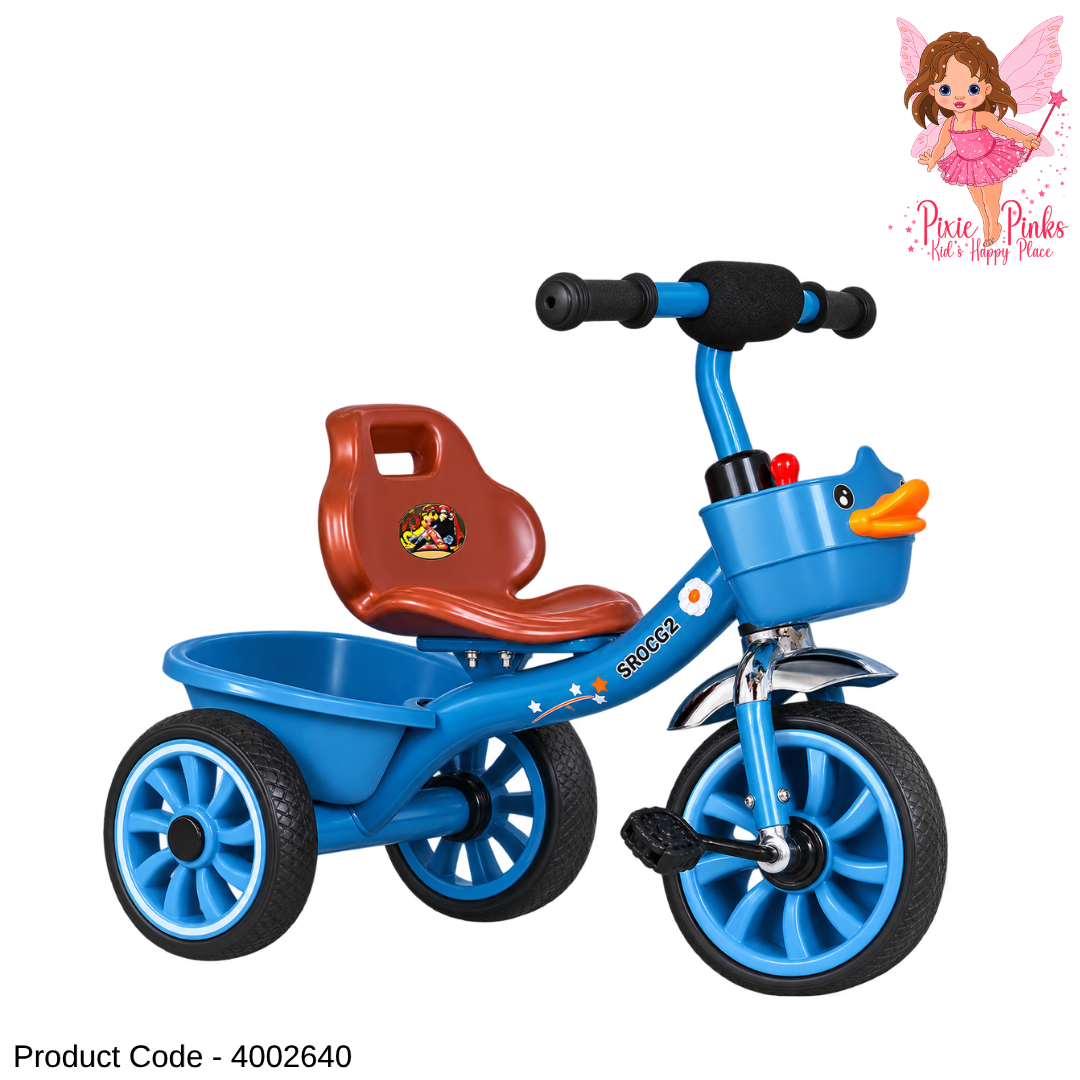 1Pc Kids MyDuck 3-Wheel Pedal Tricycle with Cute Duck Design & Rear Basket – Blue, Coffee & Red – 70 × 50 × 56