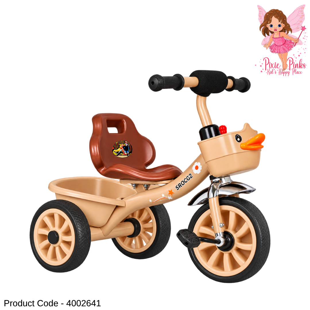 1Pc Kids MyDuck 3-Wheel Pedal Tricycle with Cute Duck Design & Rear Basket – Blue, Coffee & Red – 70 × 50 × 56