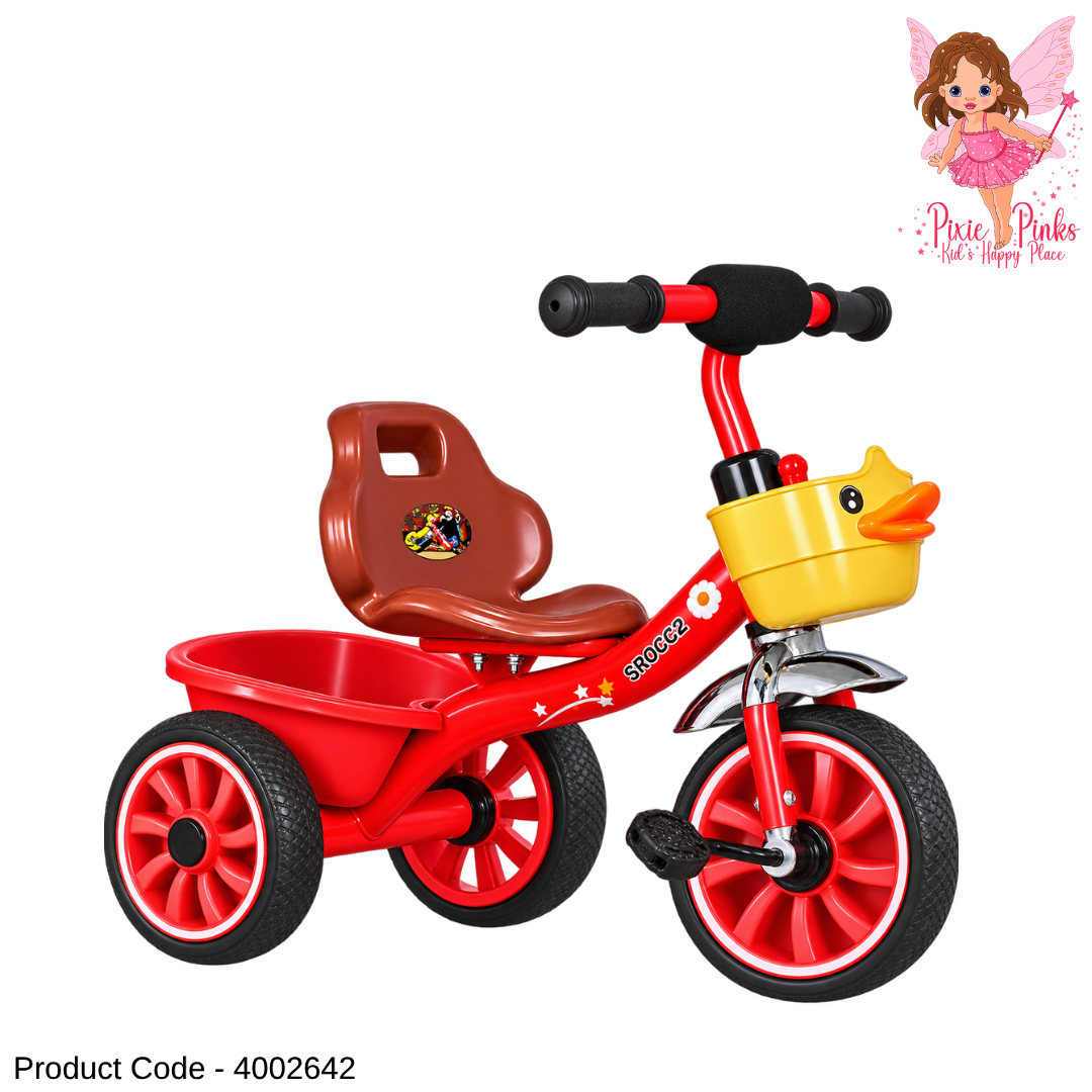 1Pc Kids MyDuck 3-Wheel Pedal Tricycle with Cute Duck Design & Rear Basket – Blue, Coffee & Red – 70 × 50 × 56