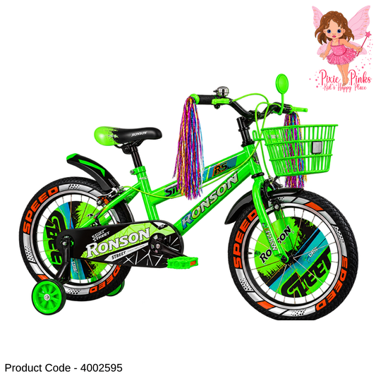 Ronson Speed Green Kids Bicycle – 12", 16" & 20" BMX Bike with Training Wheels, Double Wall Alloy Rims, Basket, Bell, Mirror & Mudguards | 1-Year Warranty