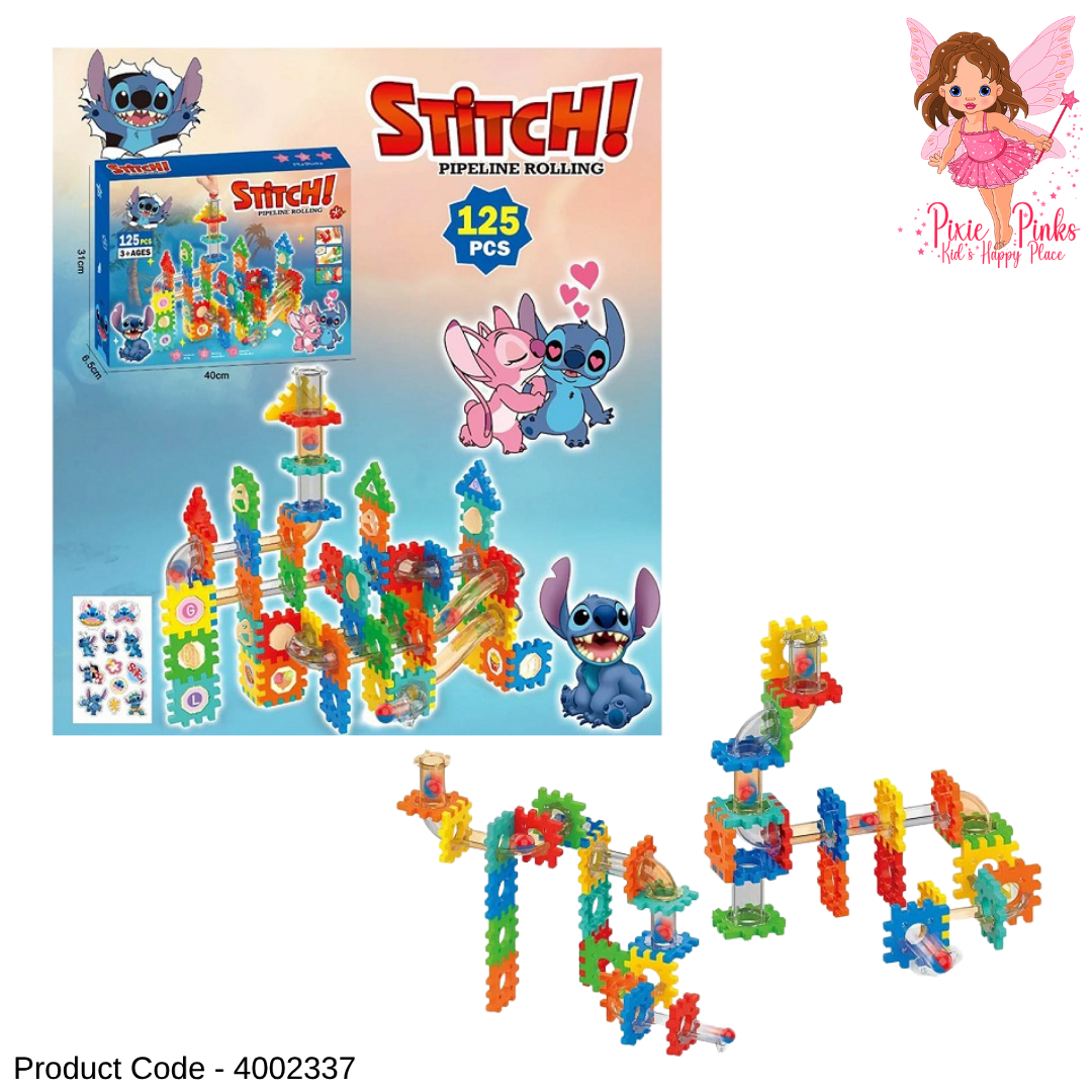 125PCS Kids Stitch Pipeline Rolling Building Toy Set – Creative Marble Run Construction Game for Ages 3+