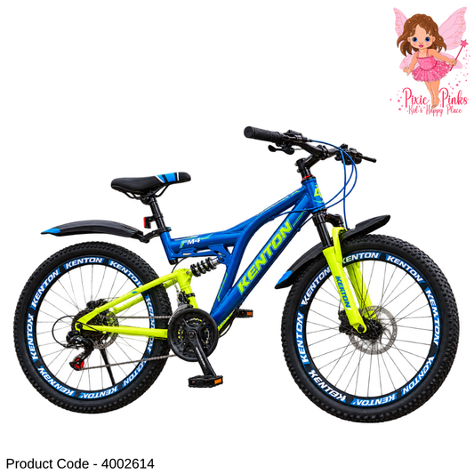 Kenton M4 26-Inch Full Suspension Mountain Bicycle – 21-Speed MTB with Dual Disc Brakes, Fat Tyres & 1-Year Warranty – Blue & Neon Yellow