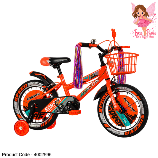 Ronson Speed Orange Kids Bicycle – 12", 16" & 20" BMX Bike with Training Wheels, Double Wall Alloy Rims, Basket, Bell, Mirror & Mudguards | 1-Year Warranty