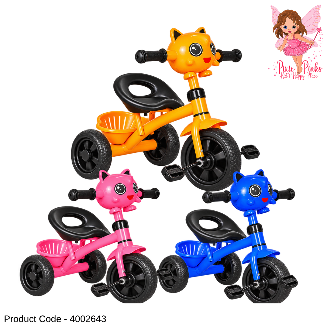 1Pc Kids Kitty Tricycle with Music & Lights – Cute Cat Design 3-Wheel Pedal Tricycle for Toddlers – Blue, Pink & Yellow