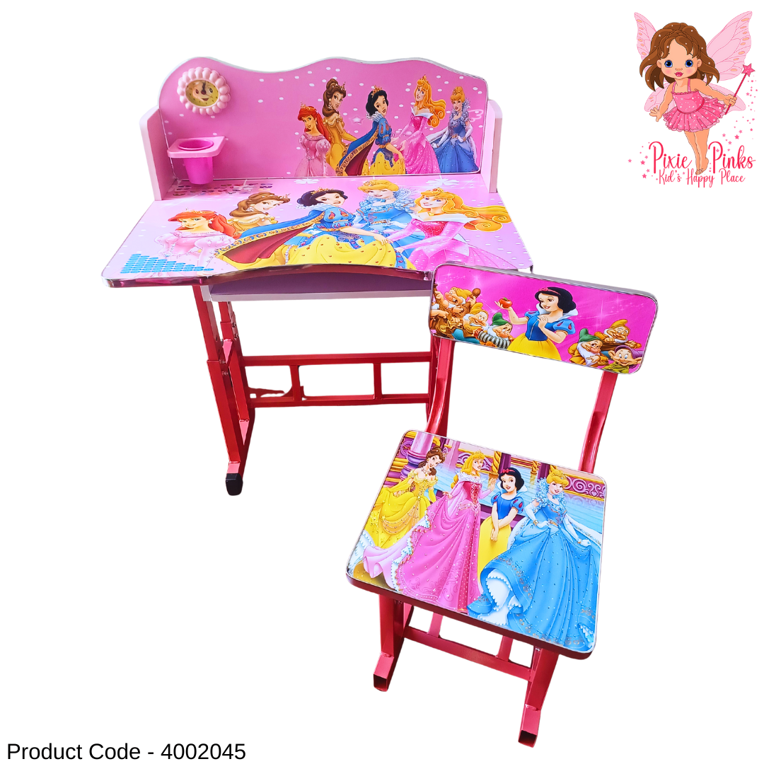 Adjustable Kids Girls Princess Study Table and Chair Set | Height-Adjustable Desk with Book Rack, Pencil Holder & Clock (Ages 11 & Under)