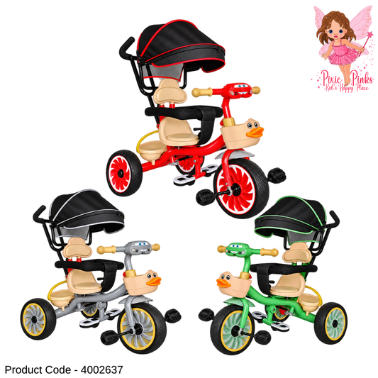1Pc Kids Little Ducky Tricycle with Canopy, Music & Lights – 3-Wheel Toddler Pedal Tricycle – Red, Grey & Green