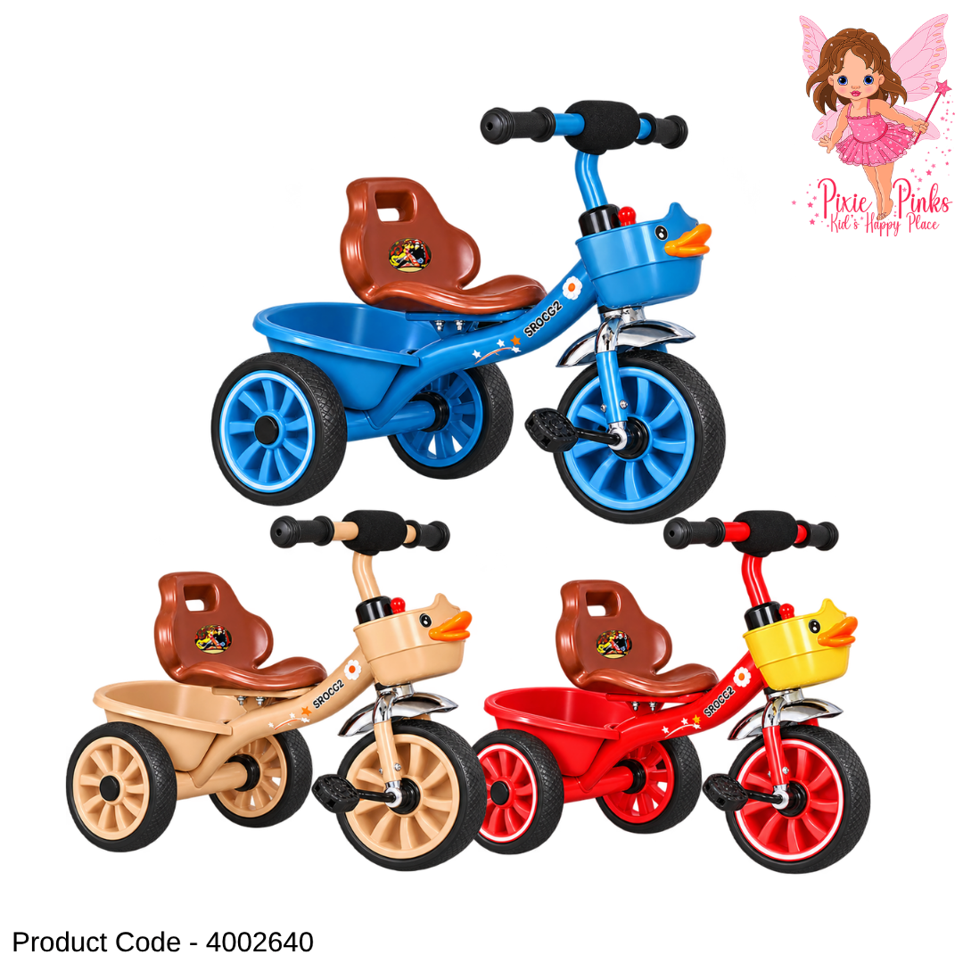 1Pc Kids MyDuck 3-Wheel Pedal Tricycle with Cute Duck Design & Rear Basket – Blue, Coffee & Red – 70 × 50 × 56