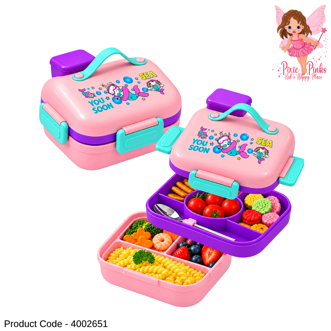 Girls Mermaid Bento Lunch Box with Spoon – Small | Pink & Purple Compartment Food Container