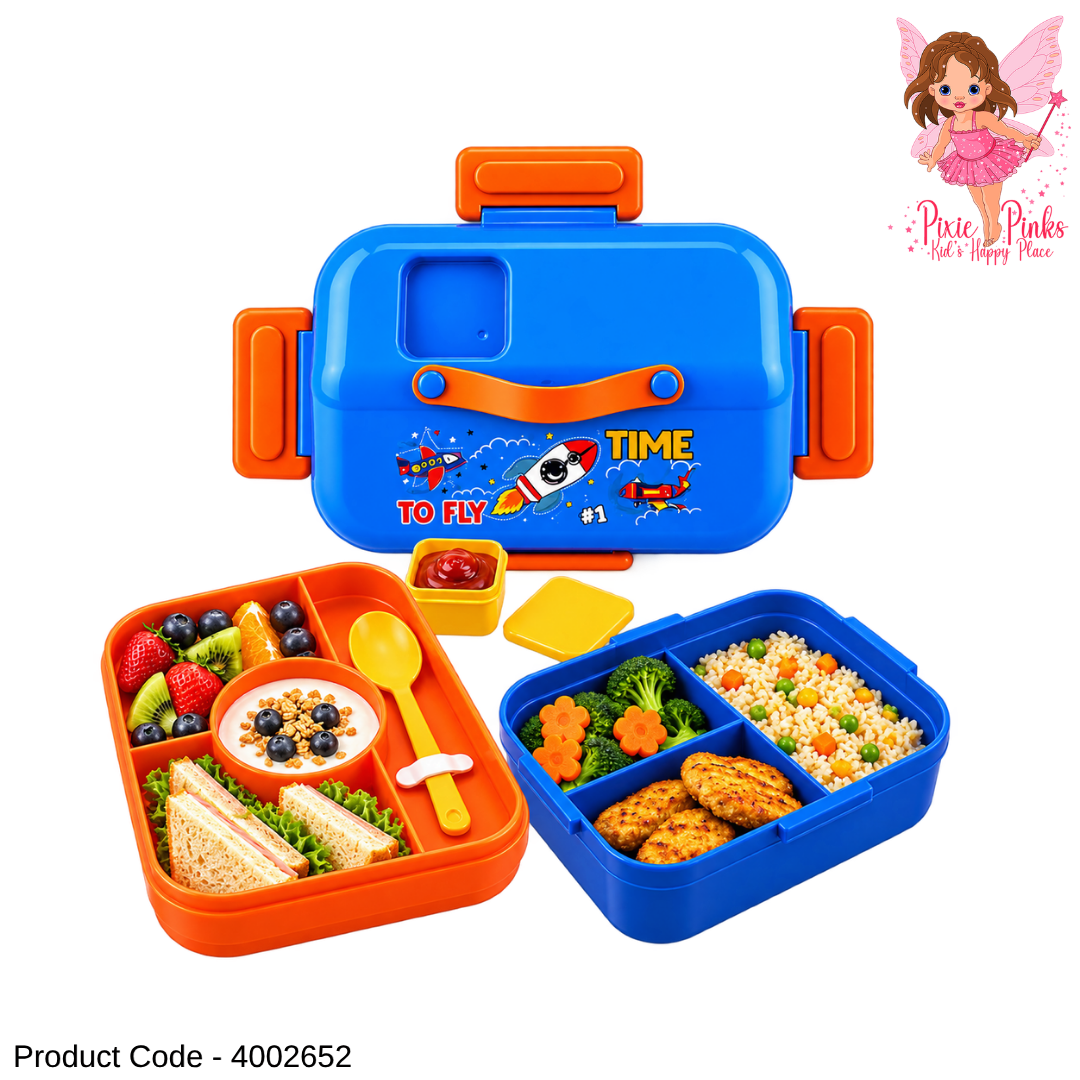 Boys Space Rocket Bento Lunch Box with Spoon – Large | Blue & Orange Compartment Food Container