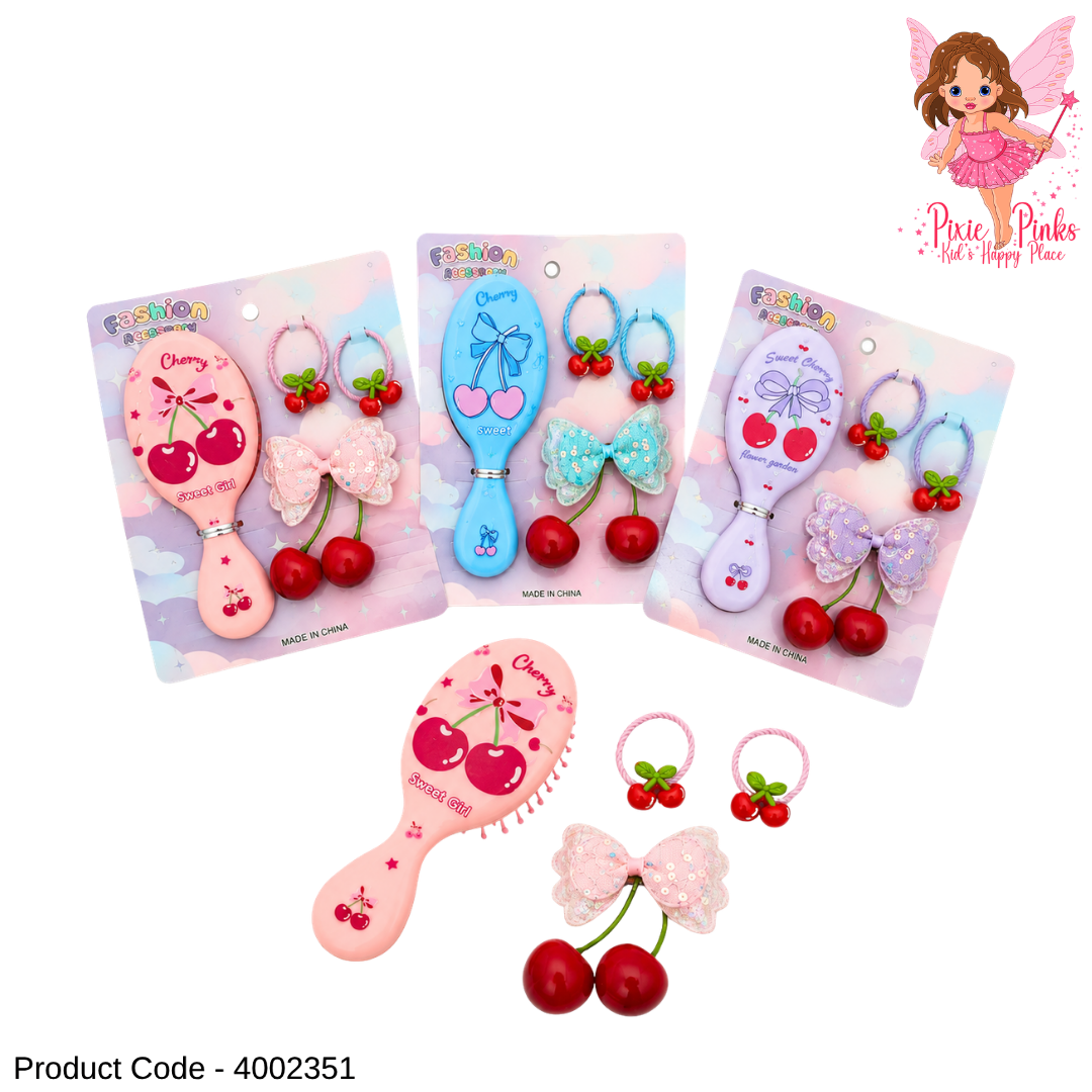 Cherry Girl Hair Brush & Hair Accessories Set – Kids Hair Brush with Hair Bands and Hair Clip Gift Set