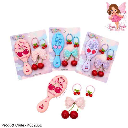Cherry Girl Hair Brush & Hair Accessories Set – Kids Hair Brush with Hair Bands and Hair Clip Gift Set