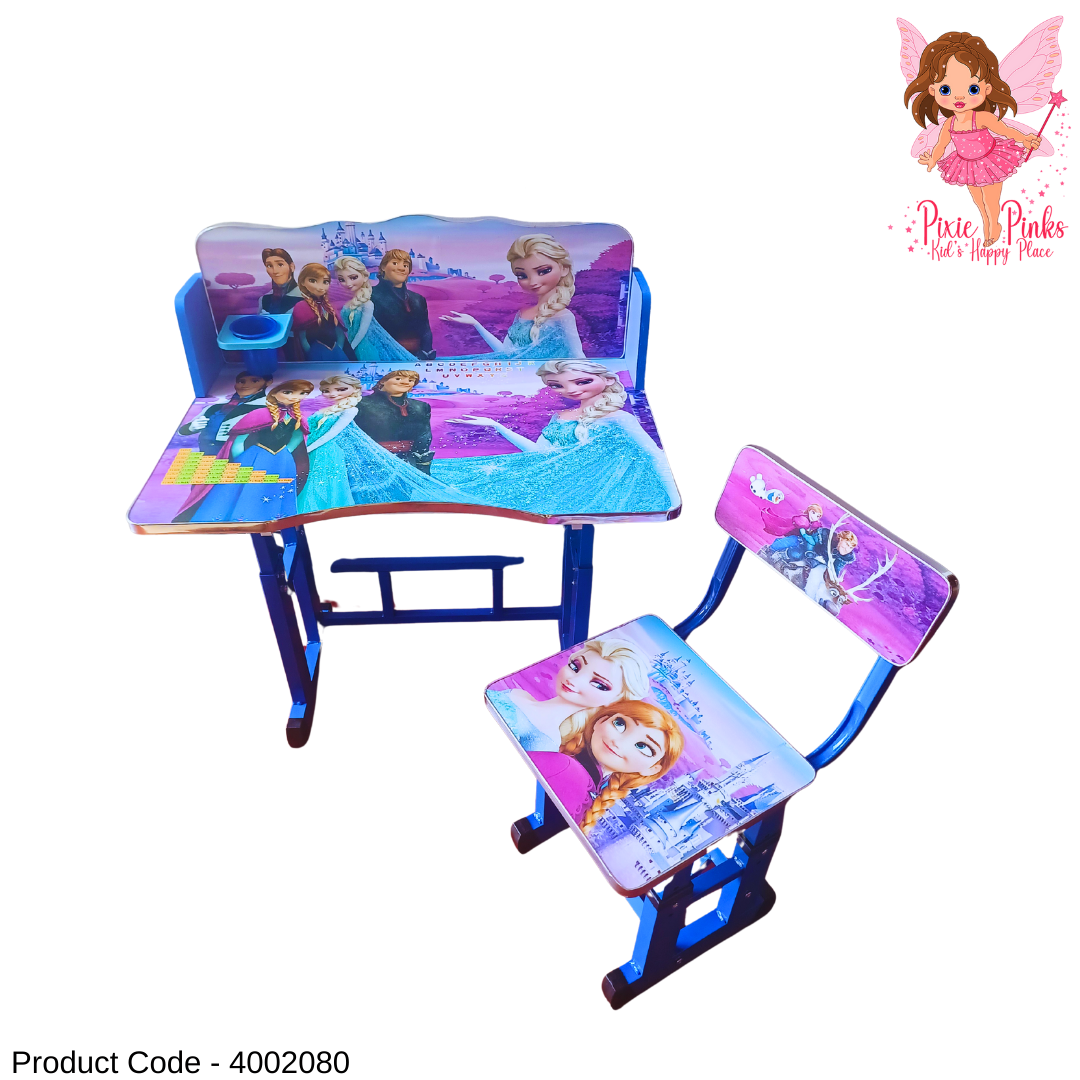Adjustable Kids Girls Frozen Study Table and Chair Set | Height-Adjustable Desk with Book Rack, Pencil Holder & Clock (Ages 11 & Under)