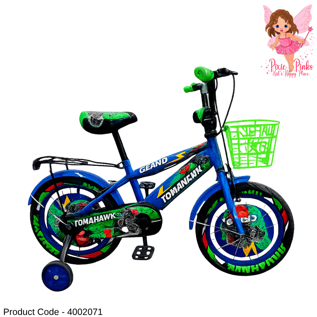 Tomahawk Kids BMX Grand Bicycle with Training Wheels, Front Basket, Rear Carrier & Printed Mega Tyres | Sizes 12”, 16”, 20”