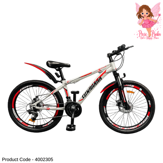 Tomahawk White & Red Mountain Trans Gear Bicycle 26” | Front Shock, Dual Disc Brakes, Double Wall Rims – Multi-Speed Mountain Bike