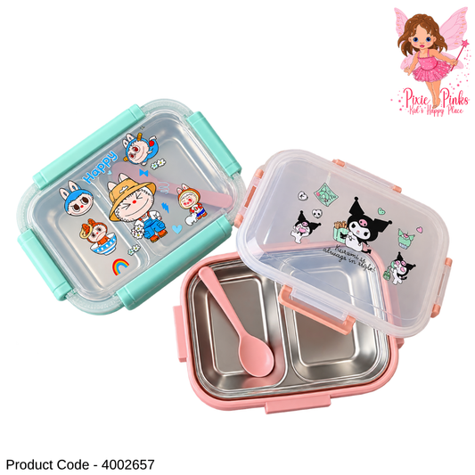 Kids Cartoon Stainless Steel Bento Lunch Box with Spoon & Fork – Multi-Compartment Food Container | Pink & Mint Green