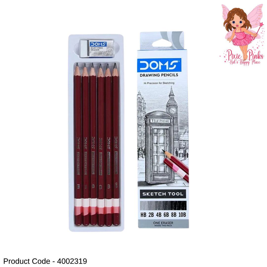 DOMS 6 Drawing Pencils Set with Eraser – Professional Sketch Pencil Pack HB to 10B for Art & Sketching