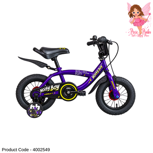 Lumala Noisy Boy 12-Inch Kids Bicycle – Purple Steel Frame Bike with Training Wheels, Dual Drum Brakes & Full Chain Cover