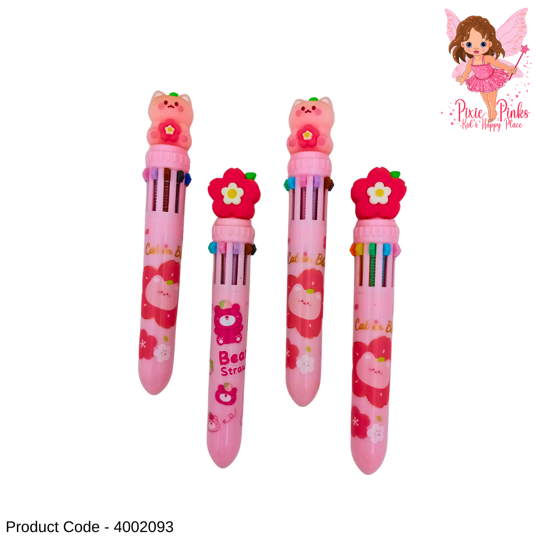 10 Colour Flower & Bear Pen | Cute Multi-Colour Pen for Kids & Students