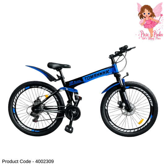 Tomahawk FOLO Disk Folding Blue Mountain Bicycle 24” / 26” | 21 Speed, Dual Disc Brakes, Dual Suspension, Double Wall Rims