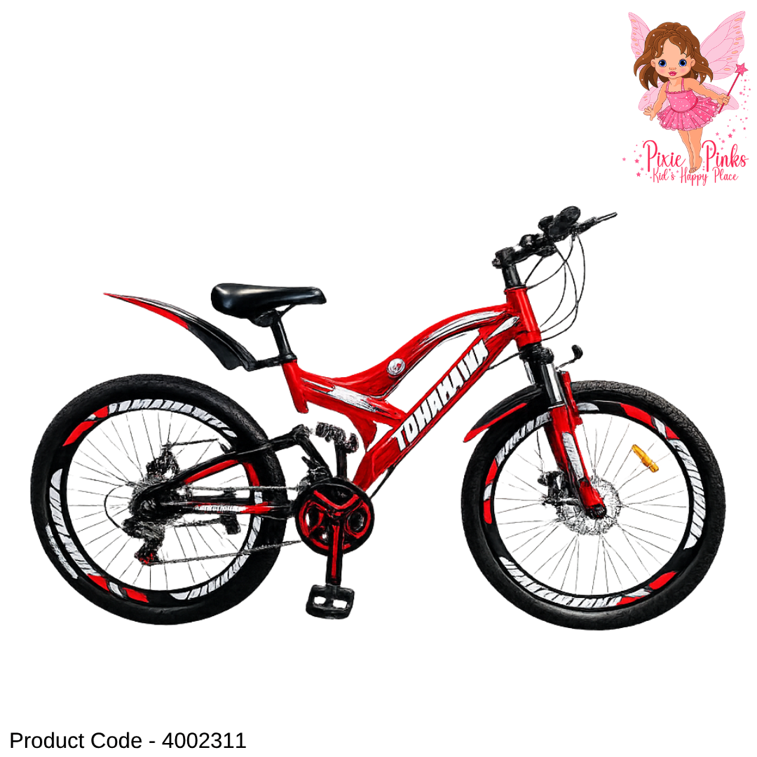 Tomahawk German Force Red Mountain Bicycle 24” / 26” | 18 Speed, Dual Disc Brakes, Dual Suspension, Double Wall Rims