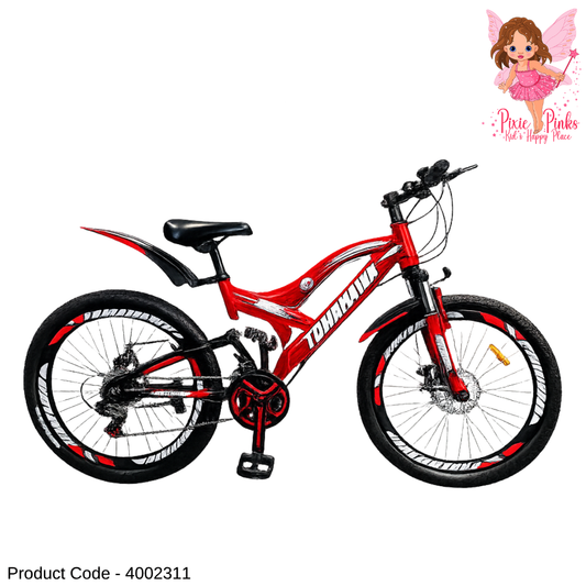 Tomahawk German Force Red Mountain Bicycle 24” / 26” | 18 Speed, Dual Disc Brakes, Dual Suspension, Double Wall Rims