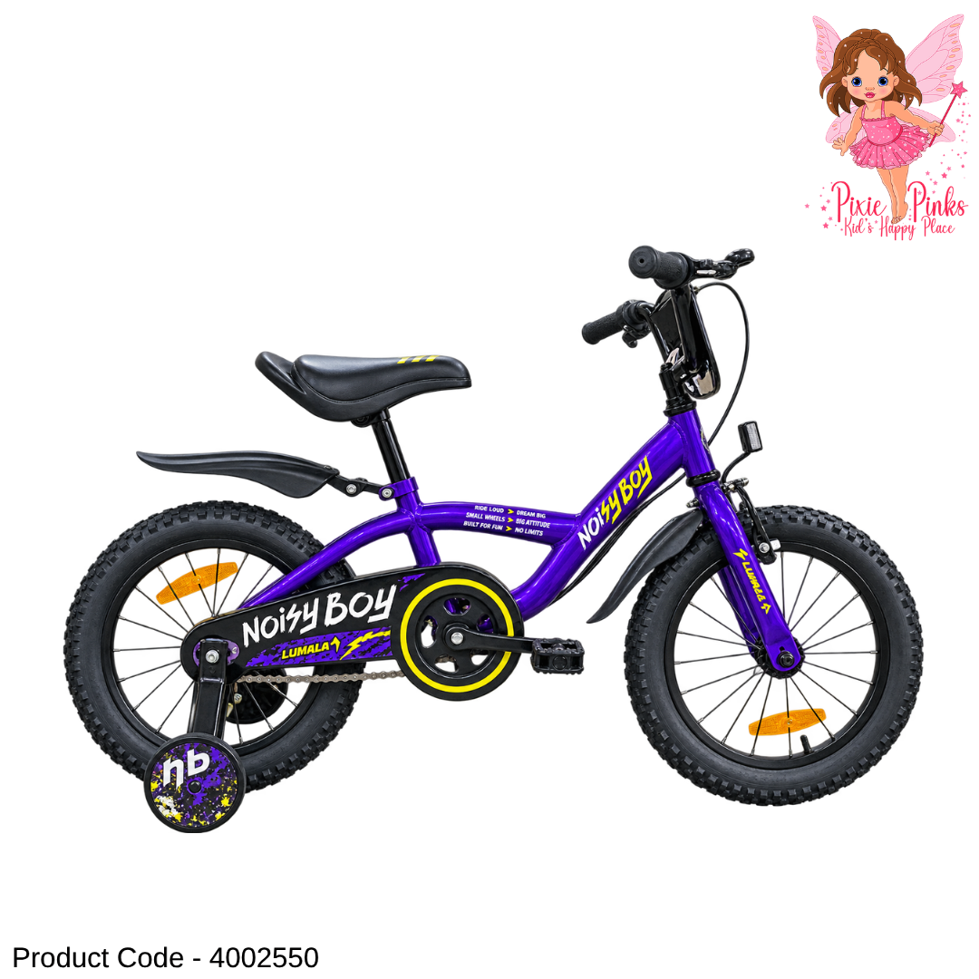 Lumala Noisy Boy 16-Inch Kids Bicycle – Purple Steel Frame Bike with Training Wheels, Dual Drum Brakes & Full Chain Cover