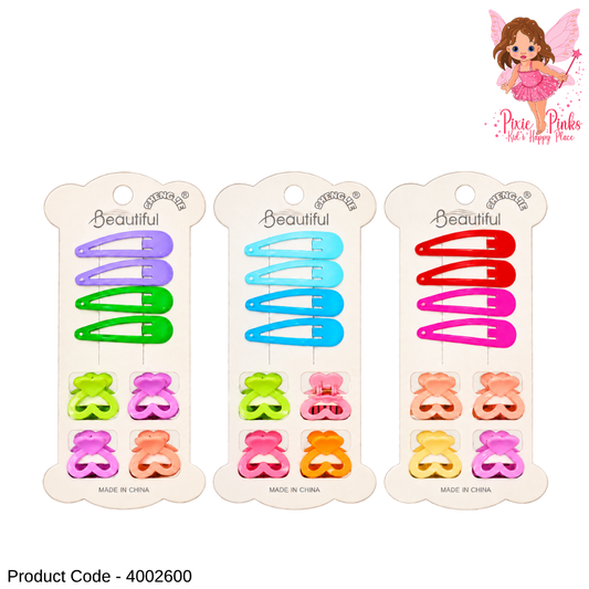8Pcs Colourful Hair Clips Set for Girls – 4 Snap Hair Clips & 4 Heart-Shaped Mini Claw Clips