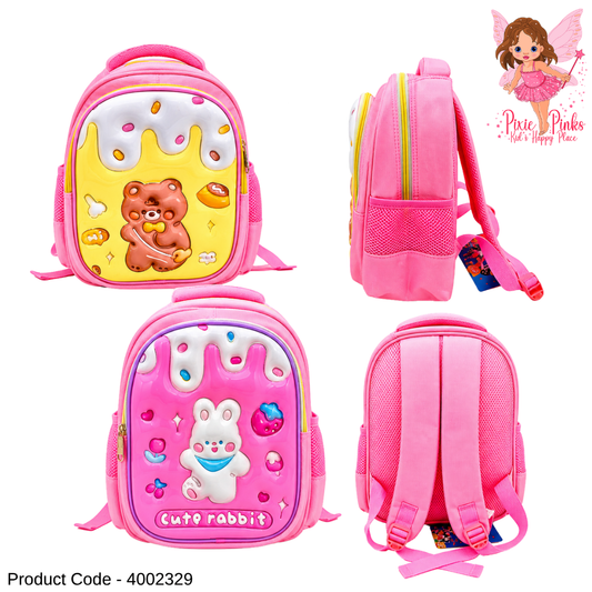 Cute Embossed Pink Kids Backpack – 3D Cartoon Nursery School Bag with 2 Compartments | Lightweight Toddler Bag