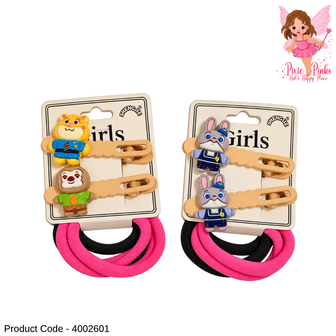 Girls Cute Cartoon Hair Accessories Combo Pack – 4 Soft Hair Bands & 2 Character Hair Clips | 6Pcs Set