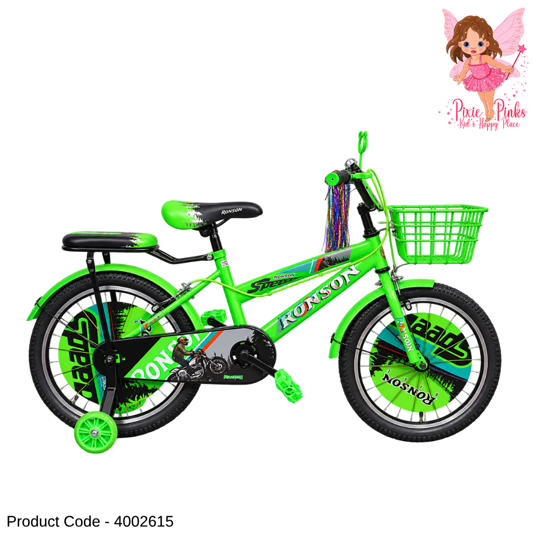 Ronson Speed New Green Kids Bicycle – 12", 16" & 20" BMX Bike with Rear Seat, Double-Wall Alloy Rims, Training Wheels, Steel Basket & Accessories | 1-Year Warranty