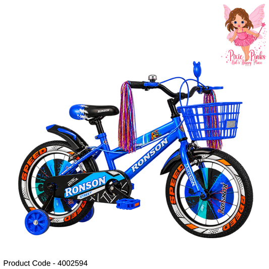 Ronson Speed Blue Kids Bicycle – 12", 16" & 20" BMX Bike with Training Wheels, Double Wall Alloy Rims, Basket, Bell, Mirror & Mudguards | 1-Year Warranty