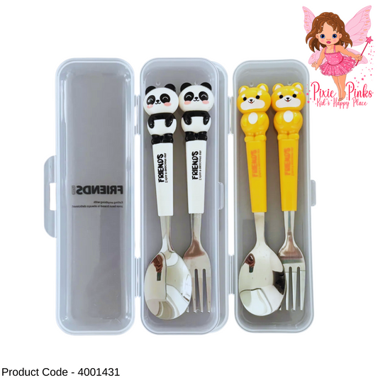 Adorable Panda, Cat & Duck Character Spoon and Fork Set with Storage Case – Cute Kids Tableware
