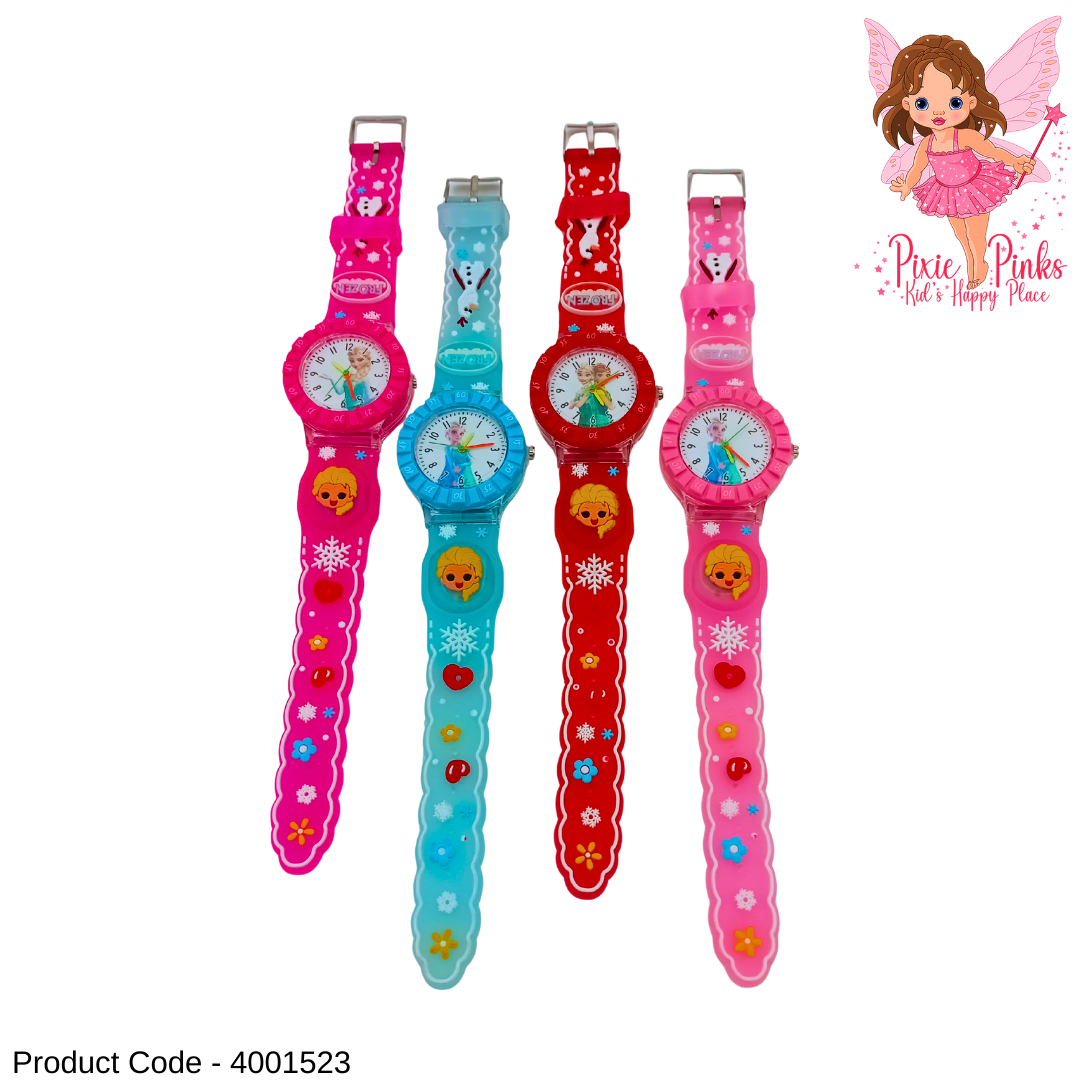 ✨PixiePinks Frozen Themed Kids Watches – Cute Cartoon Design, Adjustable Strap – Pink, Blue, Red & Baby Pink