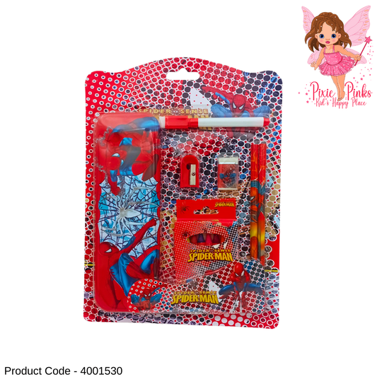 PixiePinks 6-in-1 Spiderman Stationery Set – Pencil Box, Crayons, Pencils, Eraser, Sharpener & Marker Pen