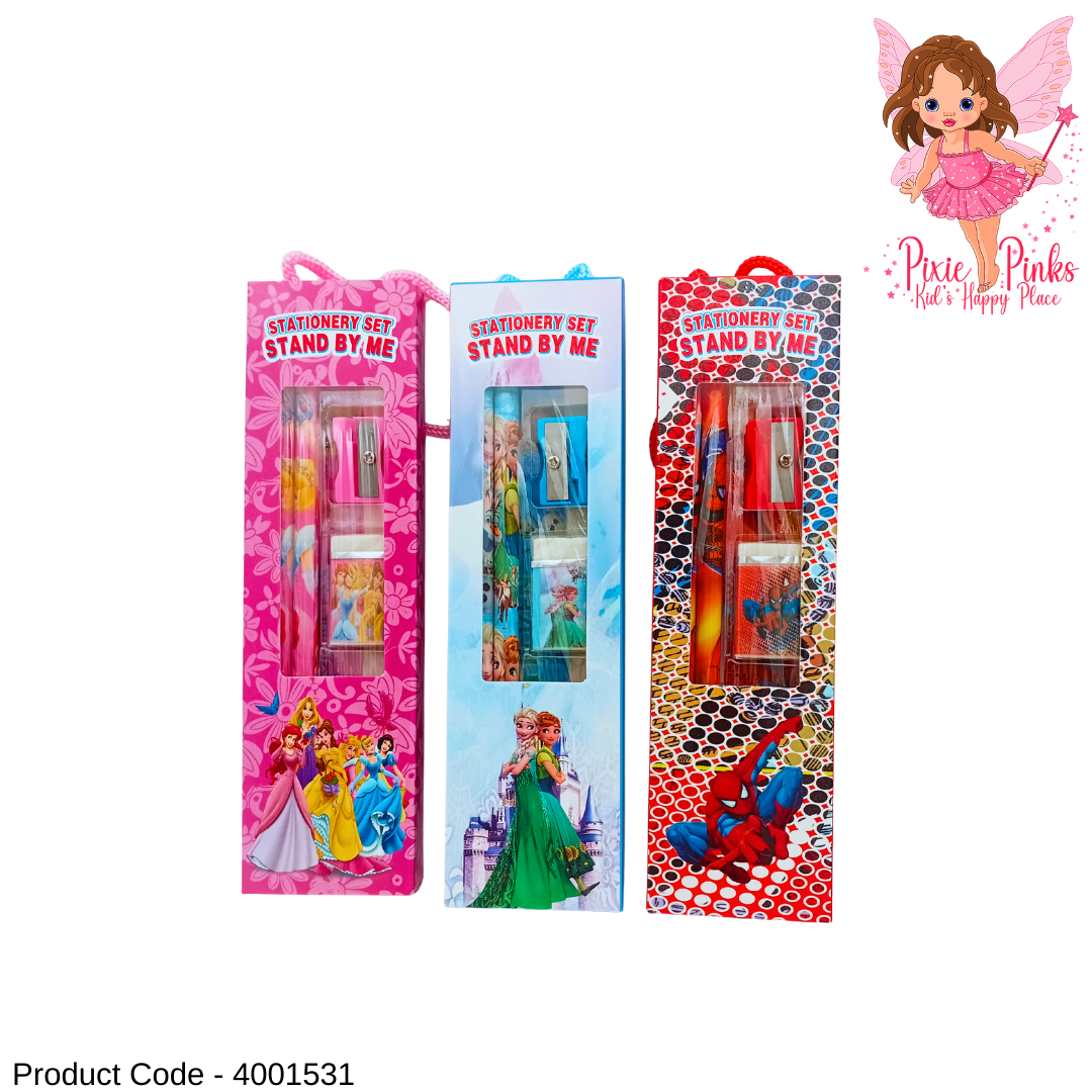 PixiePinks 5-in-1 Princess, Frozen & Spider Themed Stationery Set – Pencils, Ruler, Eraser & Sharpener