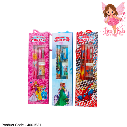 PixiePinks 5-in-1 Princess, Frozen & Spider Themed Stationery Set – Pencils, Ruler, Eraser & Sharpener
