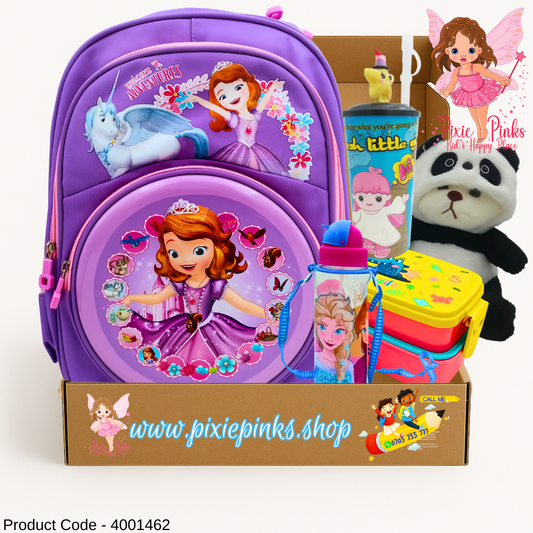Princess Sofia Magical School Gift Pack – Backpack, Frozen Water Bottle, Lunch Box & Plush Panda Set
