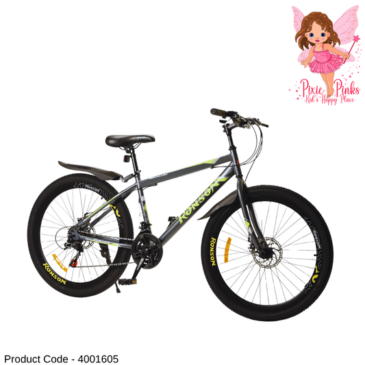 PixiePinks 26” Gray MTB Mountain Bike for Boys 10+ – 21-Speed Gear, Double Wall Alloy Rim & Dual Disc Brakes