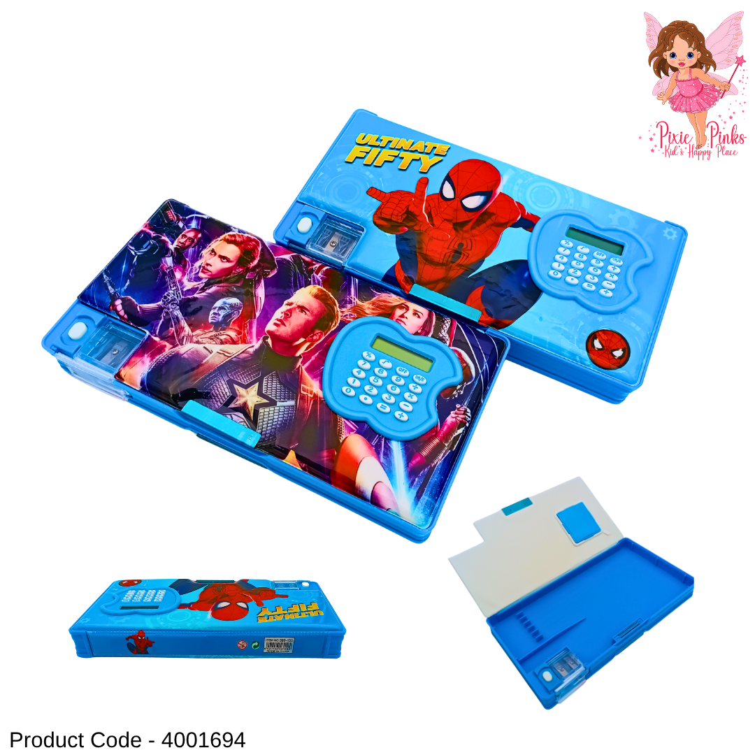 Super Hero Themed Pencil Box with Calculator – Multi-Function Stationery Case for Kids