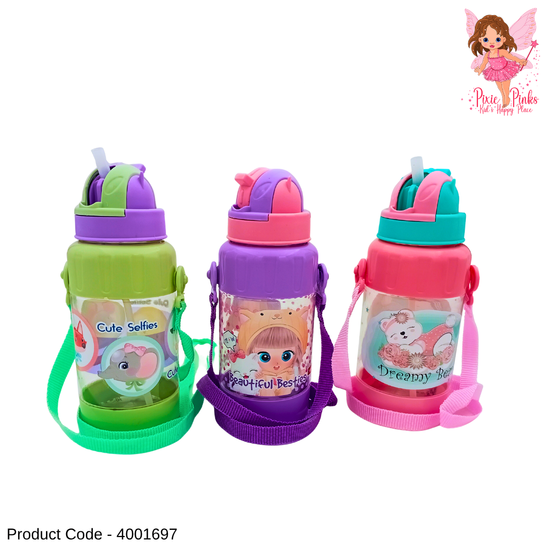 Cute Kids Water Bottle with Strap – Safe & Colorful Drink Bottle (Green, Purple, Pink)